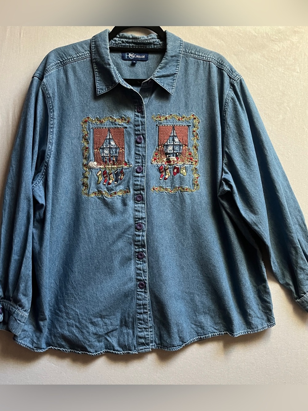 PS Casual Vintage Blue Christmas Stockings Embroidered Denim Shirt Size 1X